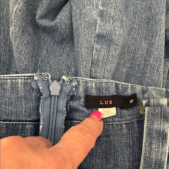 Lux Blue Denim Mini Dress Adjustable Straps Size 10 Square Neck Slit Back - Picture 9 of 12